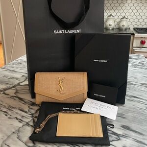 SAINT LAURENT UPTOWN CHAIN WALLET IN MICRO RAFFIA